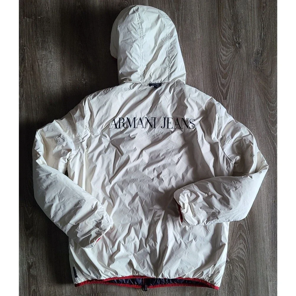 Armani Jeans Reversible Hooded Puffer Jacket Men's XXL EU 56 Red White Full Zip